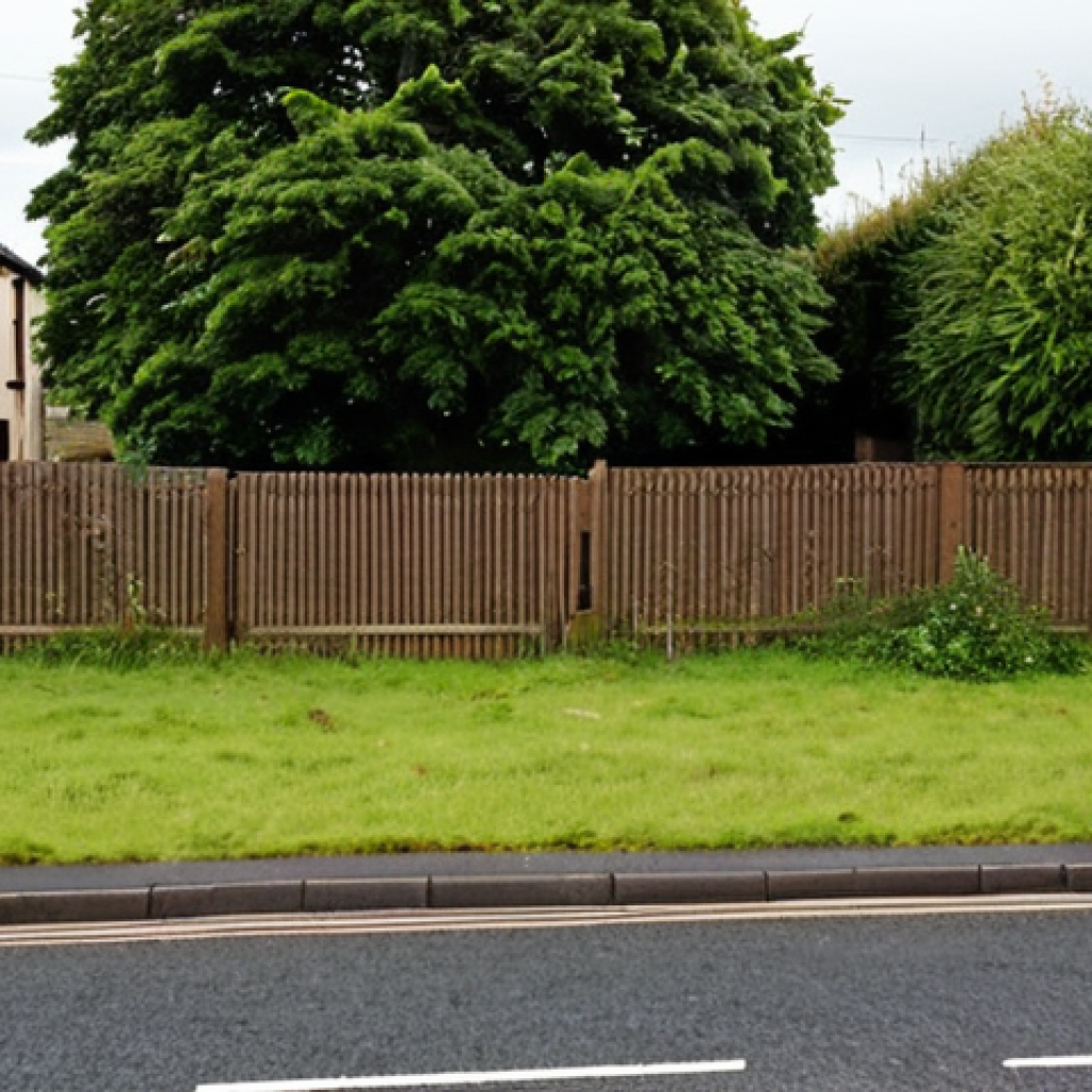 **A divided Northern Ireland landscape:** Depict a scene with a physical division (e.g., a wall or fence) separating a Catholic neighborhood from a Protestant one. The Catholic side should show signs of economic hardship, while the Protestant side appears more prosperous. The overall mood should be somber and reflective, hinting at the unresolved tensions despite the Good Friday Agreement.