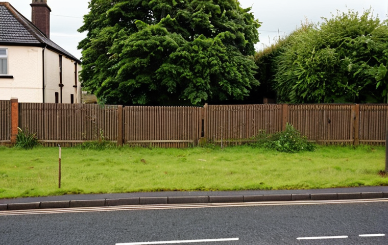 **A divided Northern Ireland landscape:** Depict a scene with a physical division (e.g., a wall or fence) separating a Catholic neighborhood from a Protestant one. The Catholic side should show signs of economic hardship, while the Protestant side appears more prosperous. The overall mood should be somber and reflective, hinting at the unresolved tensions despite the Good Friday Agreement.